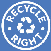 Washington's "Recycle Right" campaign logo: a blue background, with a white circle the chasing arrows symbol. 